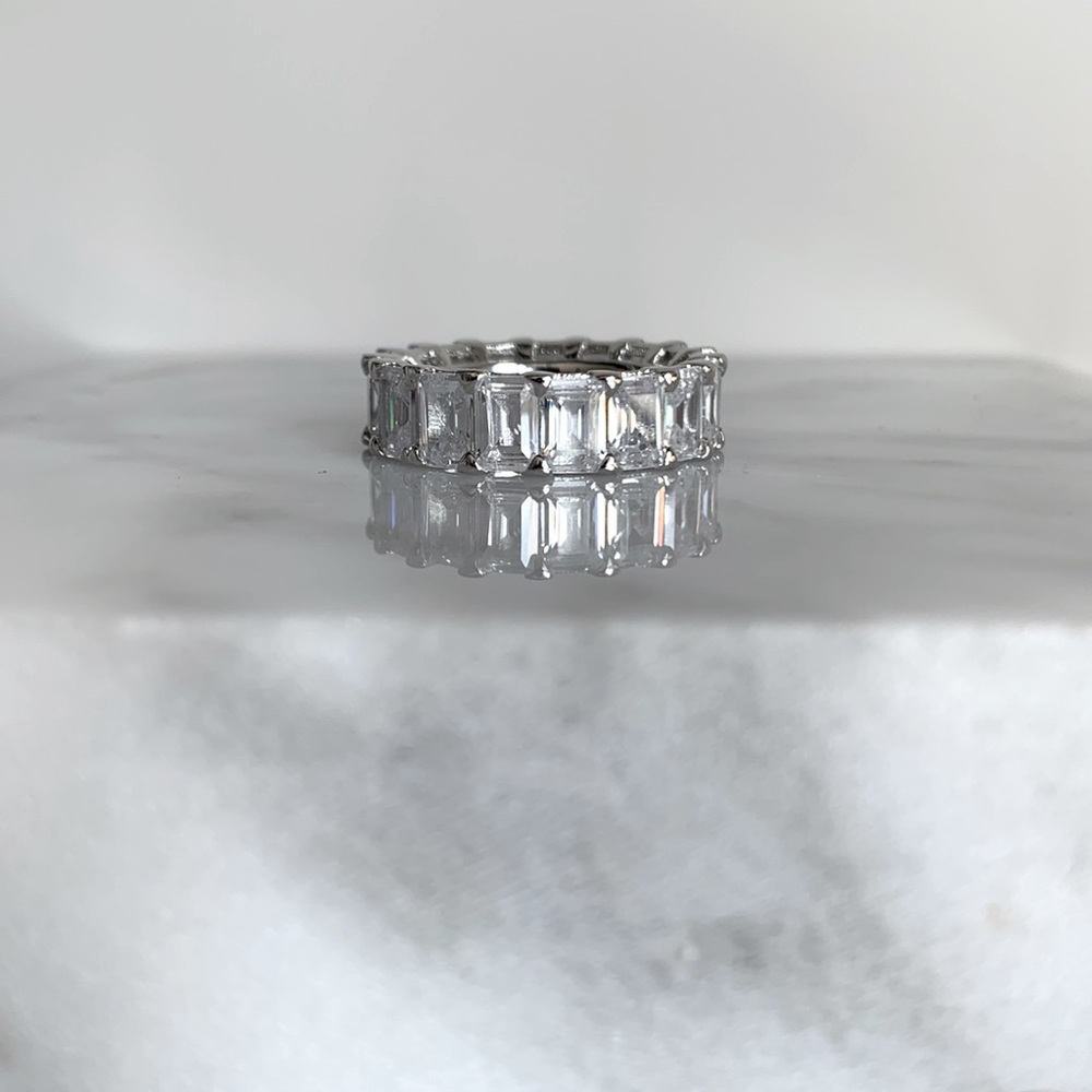 Sterling Silver Emerald Cut Eternity Wedding Band Ring Size 6